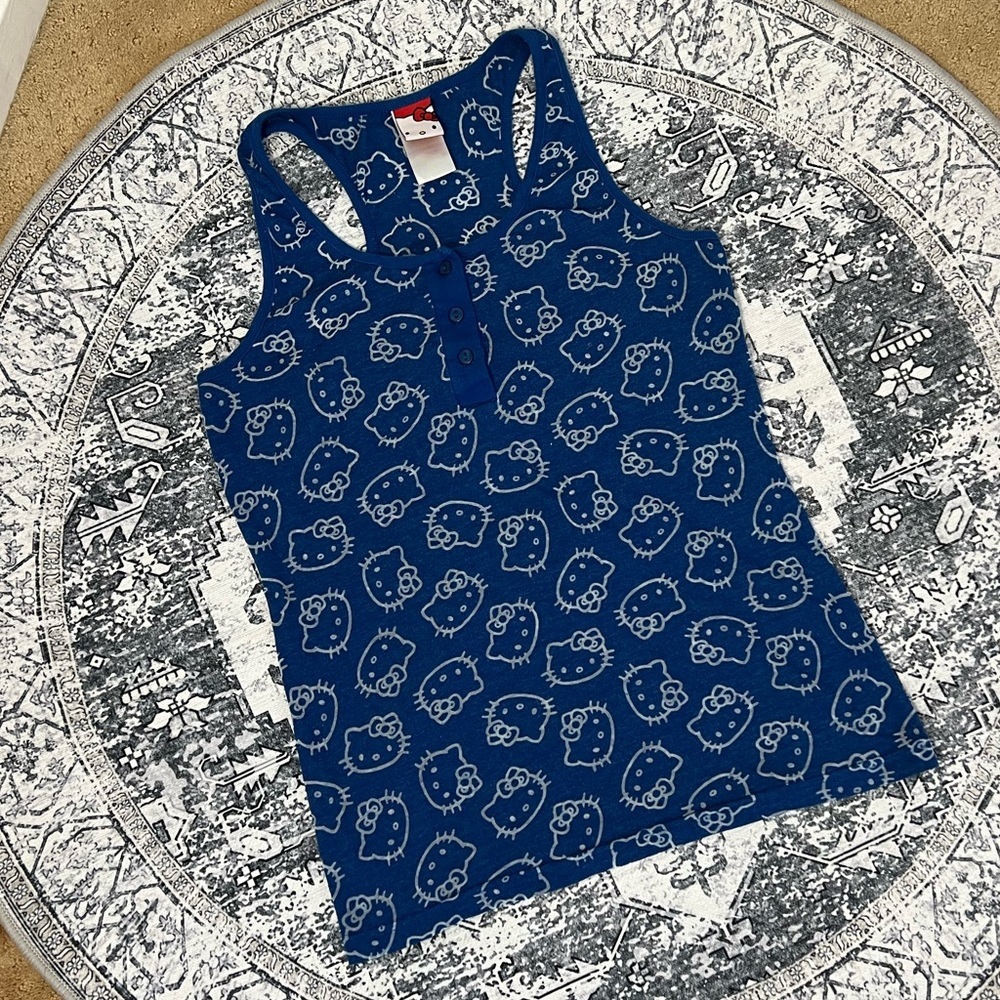 Sanrio Hello Kitty Y2K 2013 Blue & White Henley Tank Top - Size M - Picture 2 of 6
